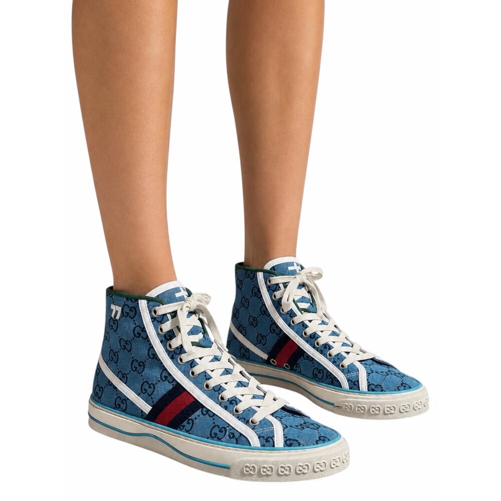 Gucci Tennis 1977 High Top Sneakers Turquoise Navy Logo Monogram Size 37 - Picture 2 of 11